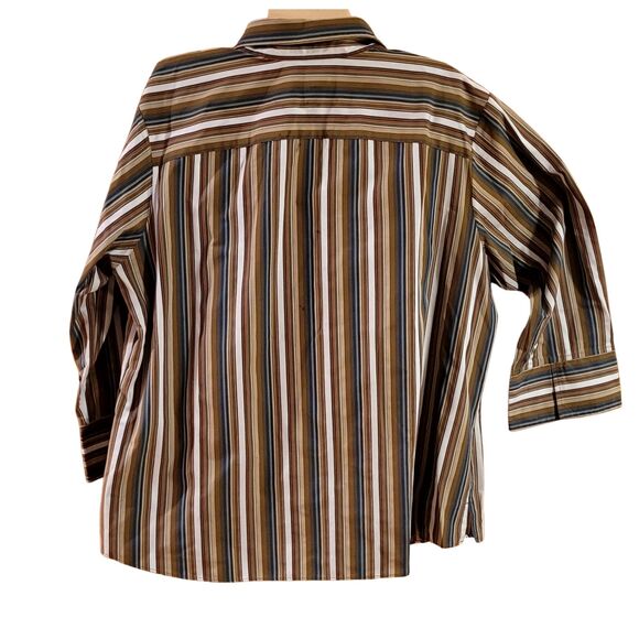 Westbound Woman 20W Plus Wrinkle Free Button Up Tan Navy Cream Stripe 3/4 Sleeve - Picture 2 of 6